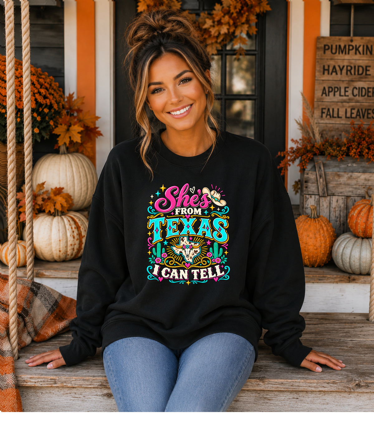 She’s From Texas I Can Tell Sweatshirt – Western Cowgirl Floral Graphic Crewneck